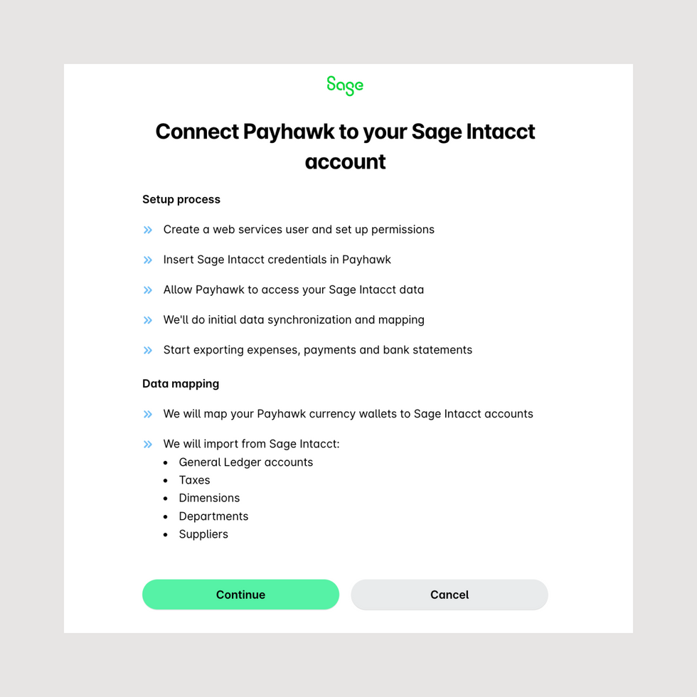 Screenshot of Payhawk product user interface showing the Sage Intacct integration